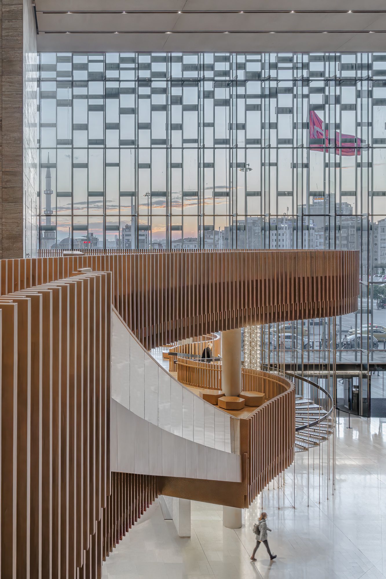 Timber-clad spiral ramp and glazed façade facing Taksim Square, AKM, Istanbul