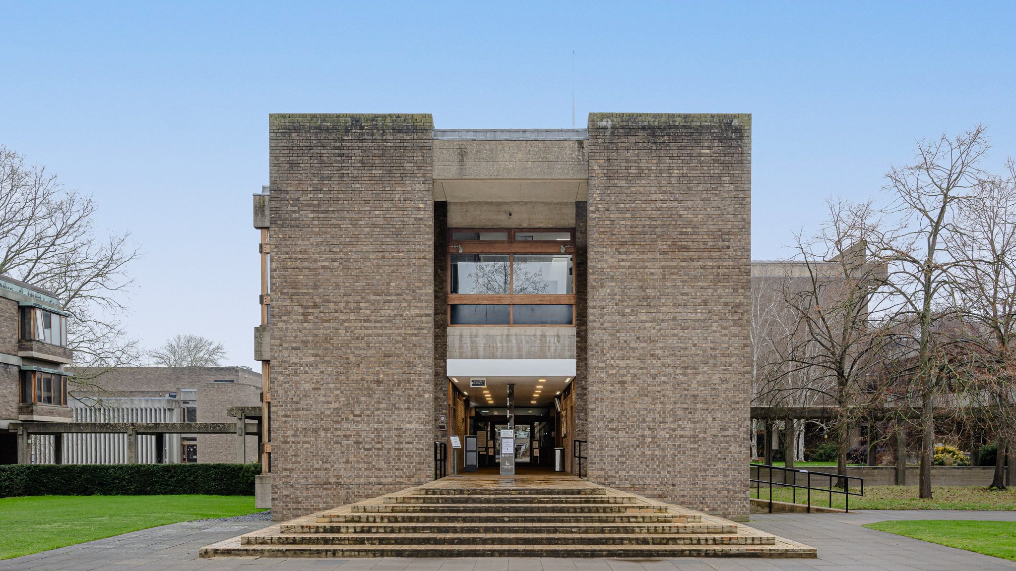 Brick entrance block and steps of Churchill College, Cambridge