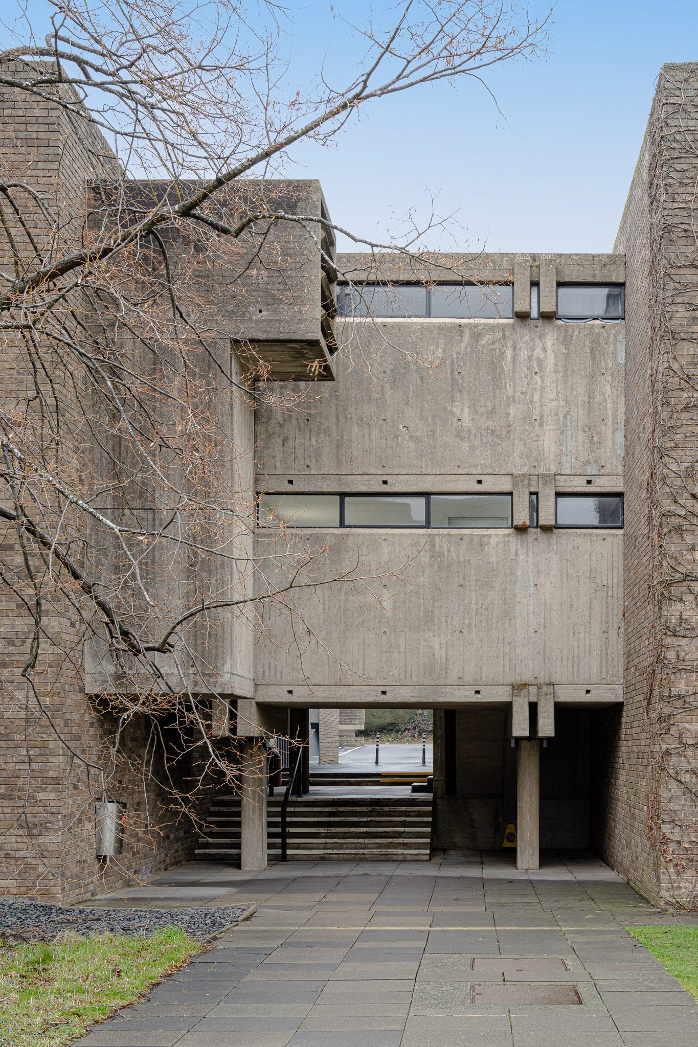 Concrete passage beneath a residential block, Churchill College