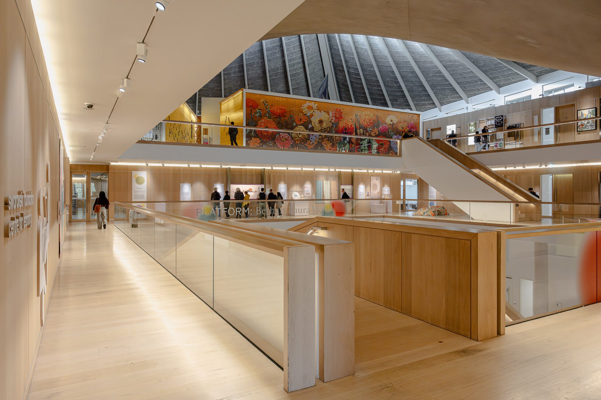 Oak-lined gallery and atrium beneath the copper roof, Design Museum, London
