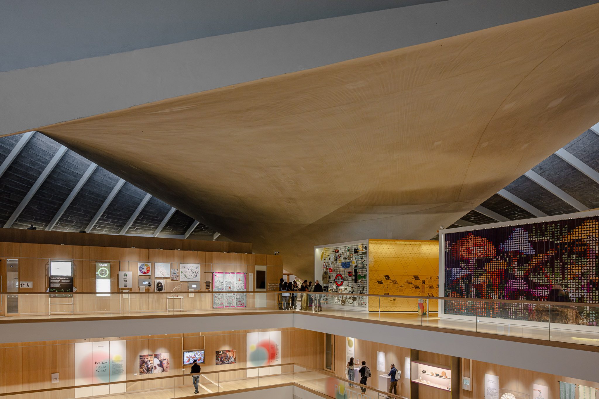 Stacked galleries beneath the concrete roof soffit, Design Museum