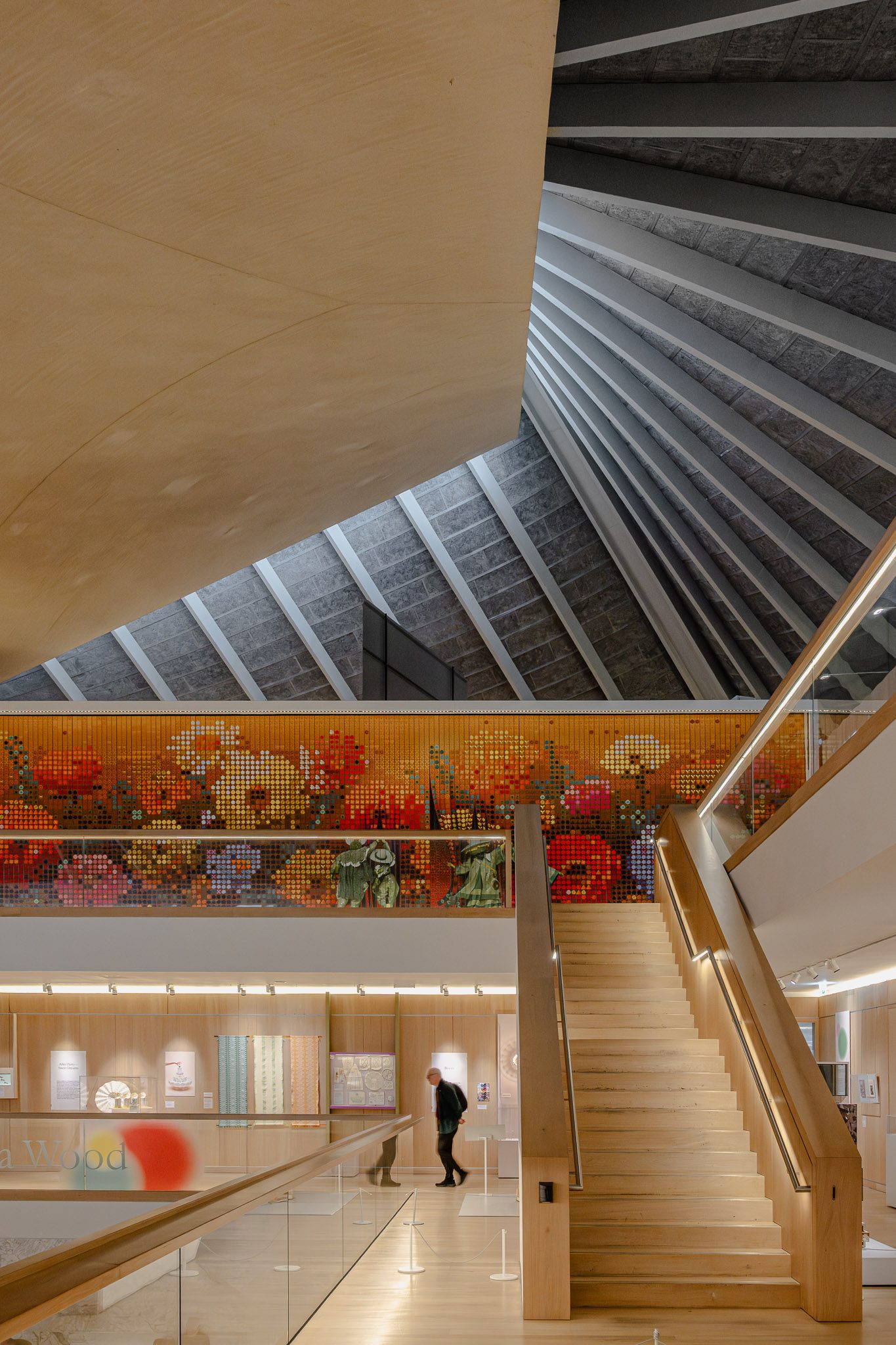 Oak staircase rising to the mosaic balustrade, Design Museum