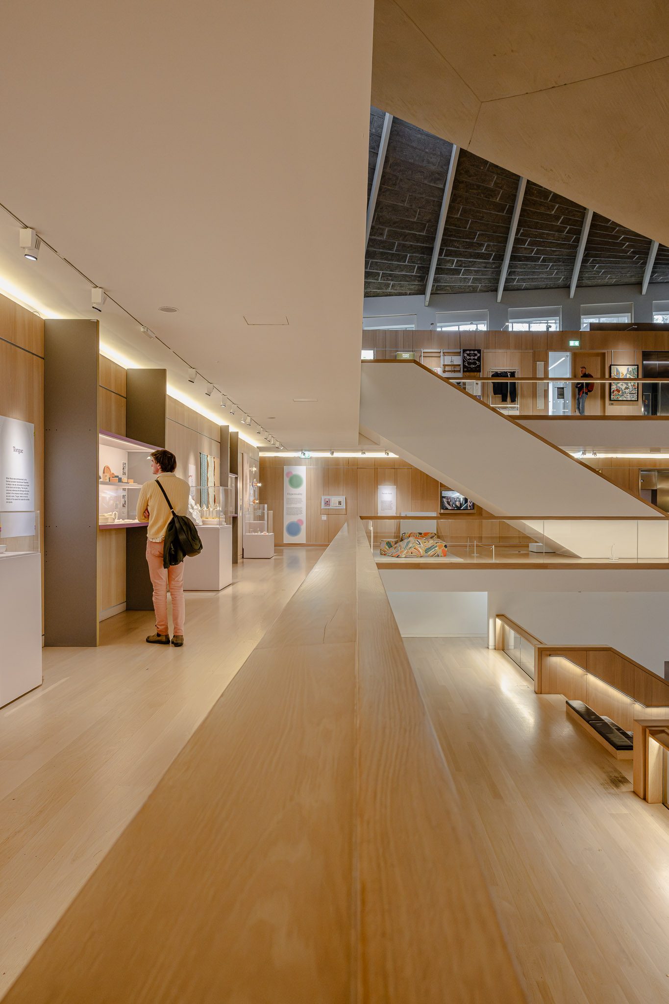 Long oak balustrade leading through the upper gallery, Design Museum
