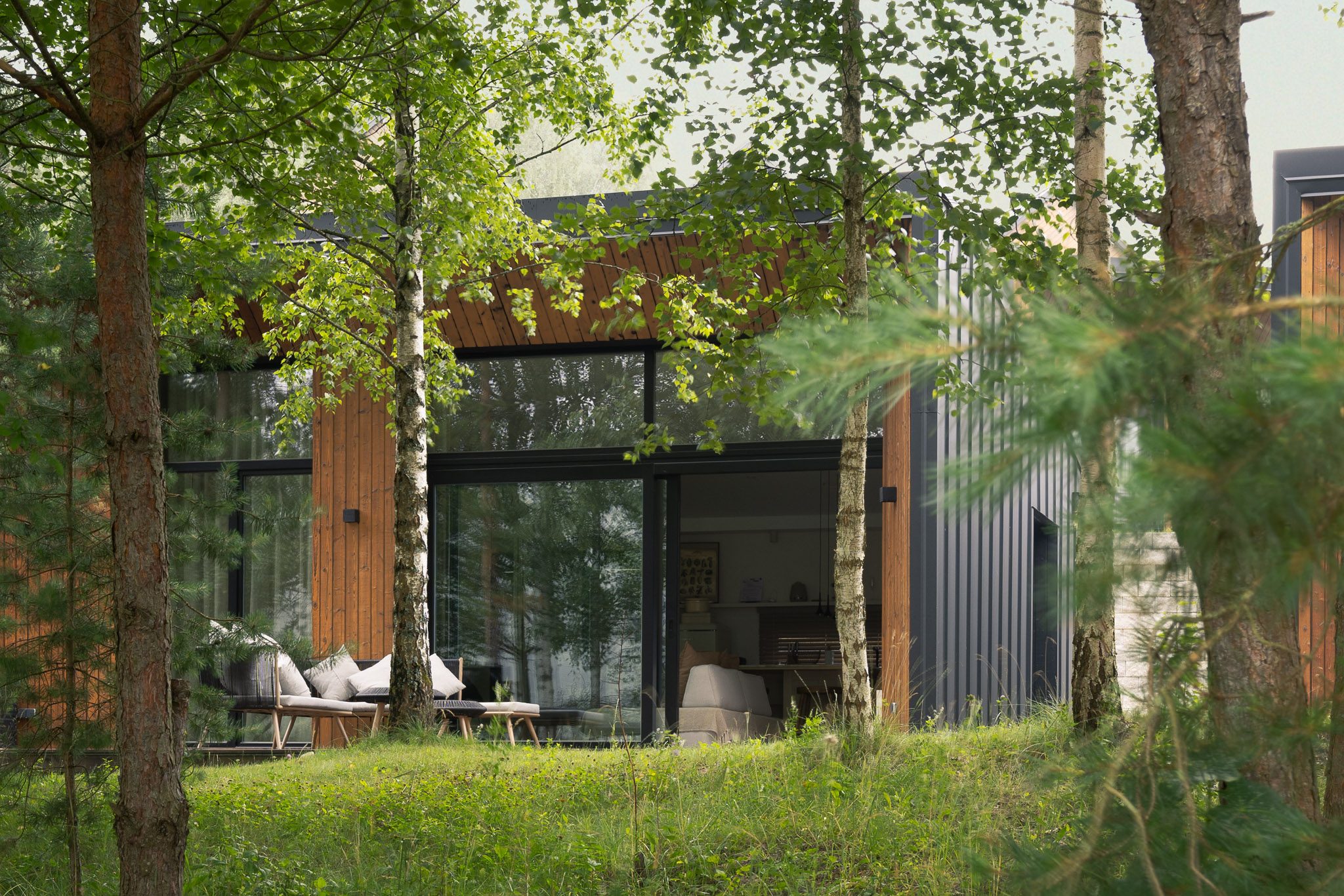 Timber and dark-clad house among birch and pine, Forest Edge House near Vilnius