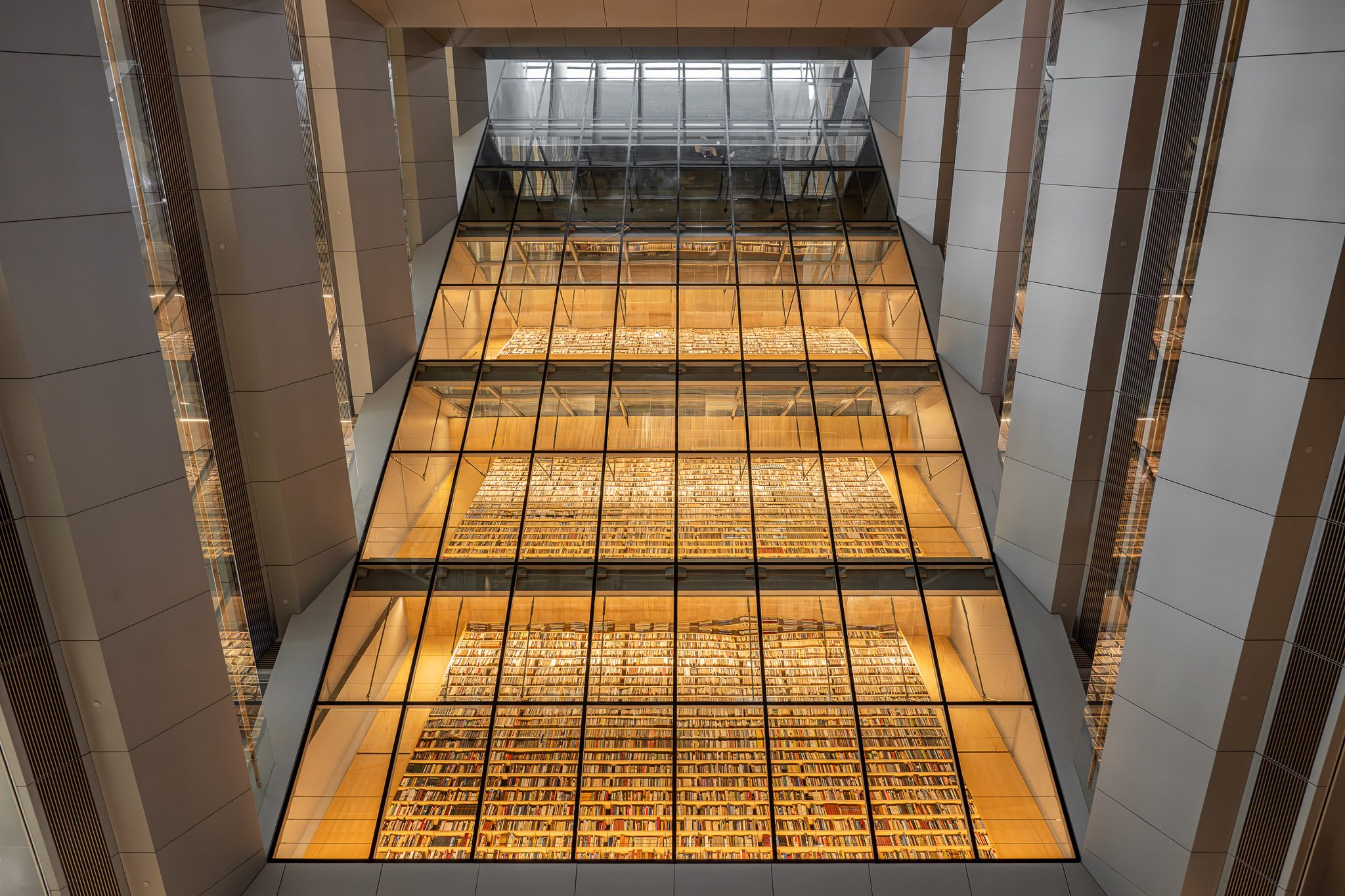 Illuminated book wall of the library treasury, seen from above
