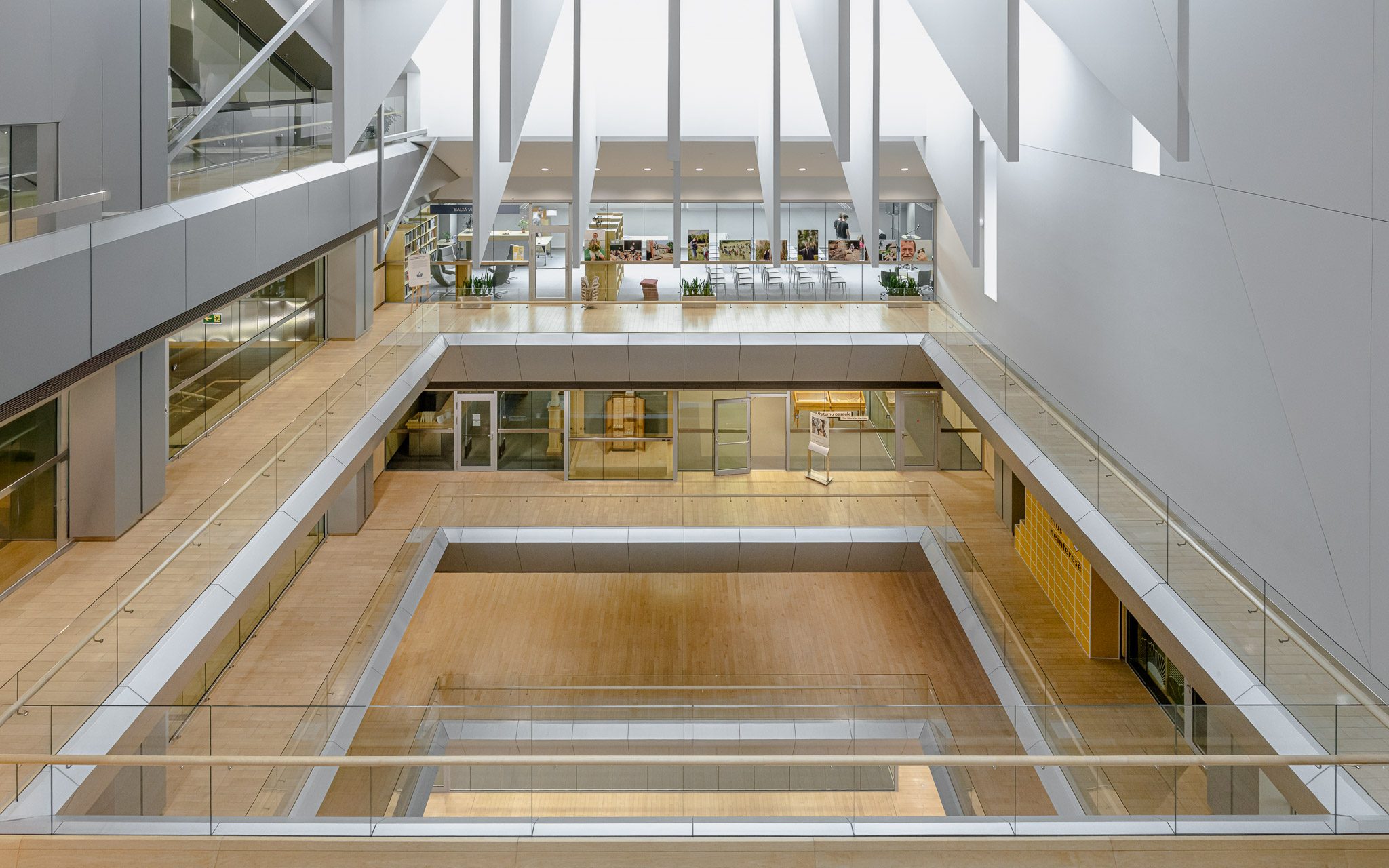 Atrium void and timber floors from an upper level, National Library of Latvia
